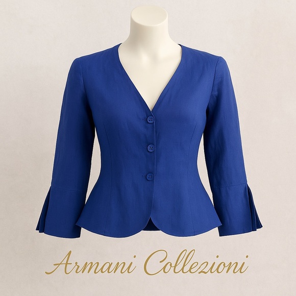 Armani Collezioni Linen Silk Peplum Blazer Royal Blue Tailored Size 8